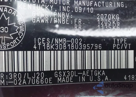 2011 Toyota Avalon Xls from USA, damaged, VIN 4T1BK3DB1BU395796